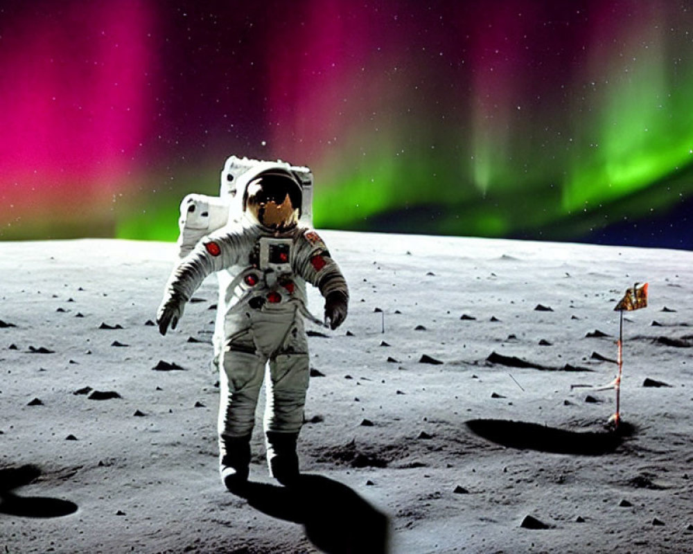 Astronaut on Moon with Aurora Borealis and Flag