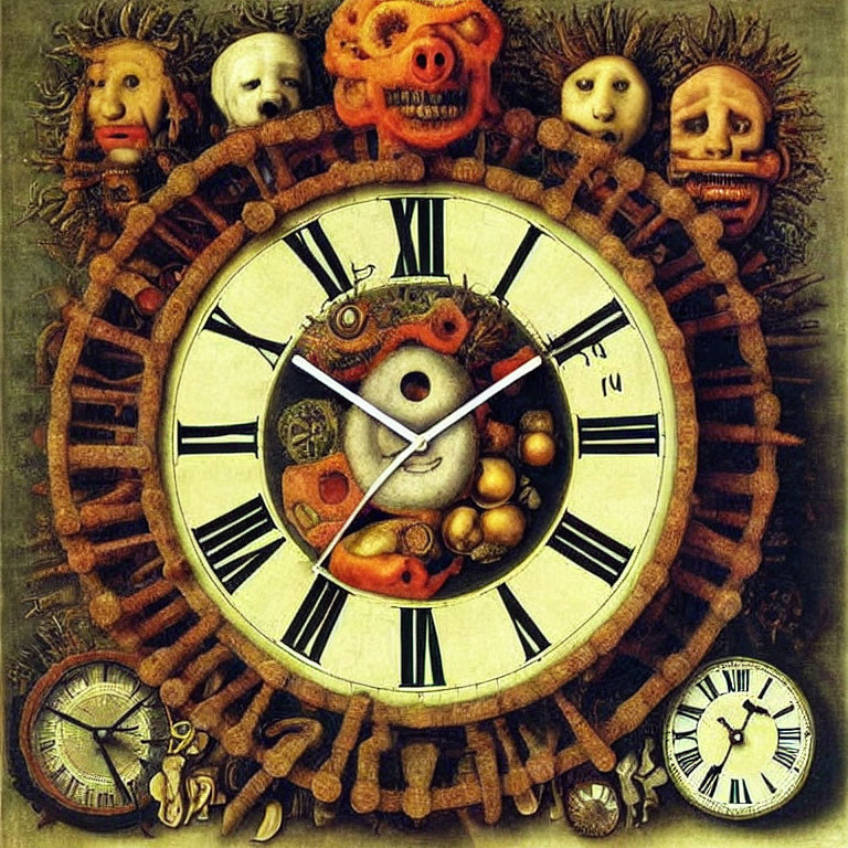 Surreal clock with facial expressions and intricate details