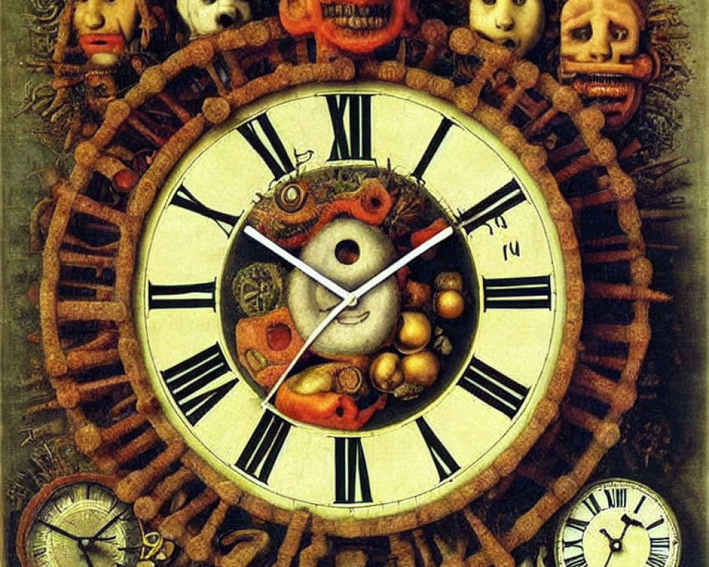 Surreal clock with facial expressions and intricate details