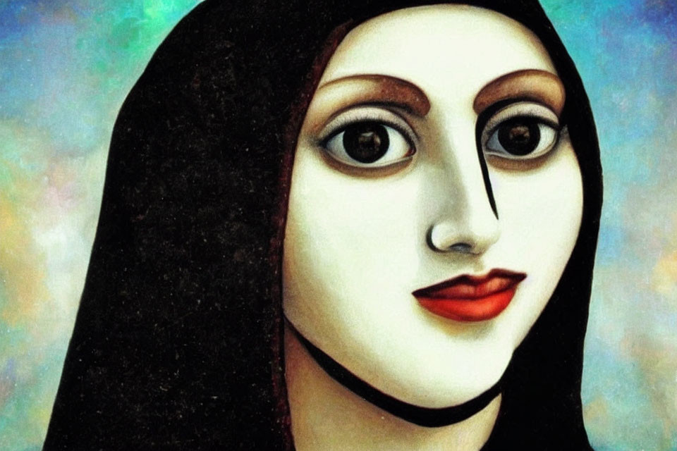 Stylized painting of a woman with elongated face and large eyes