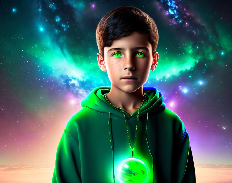 Boy with Green Eyes and Glowing Pendant in Cosmic Background