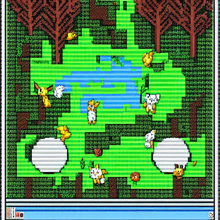 Pixel Art Scene Featuring Creatures, Trees, Pond, and Grass