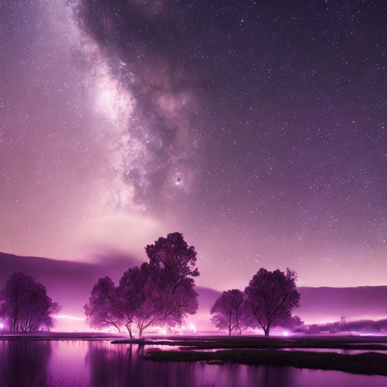 Tranquil night landscape with silhouetted trees, reflective water, and purple star-filled sky