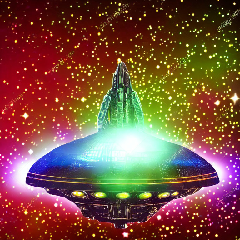 Colorful UFO Illustration Against Starry Cosmic Background