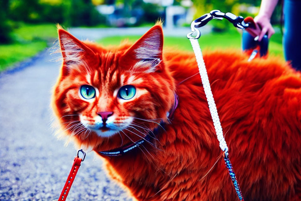 Vivid orange cat with blue eyes on leash outdoors