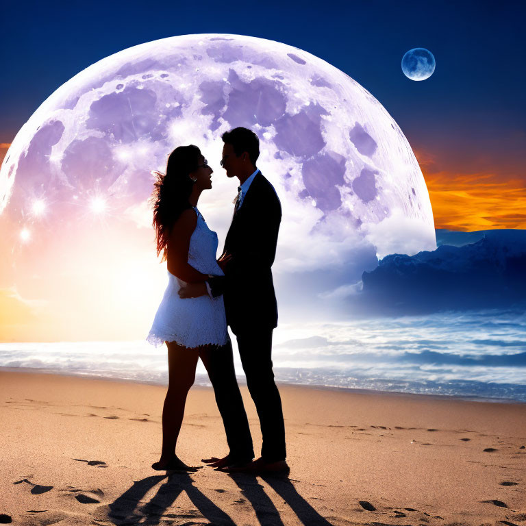 Romantic beach sunset scene with couple embracing under two moons