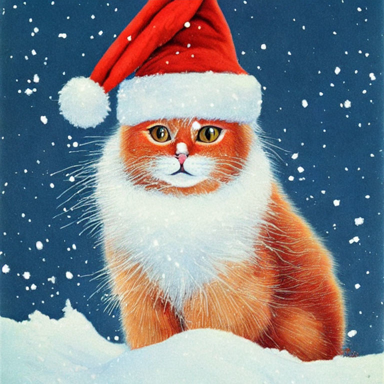 Fluffy Orange Cat with Santa Hat and Beard in Snowy Scene