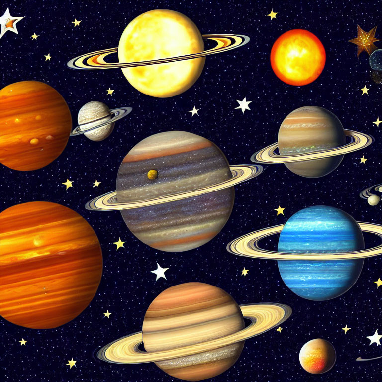 Colorful Planets with Rings and Moons in Starry Space Background