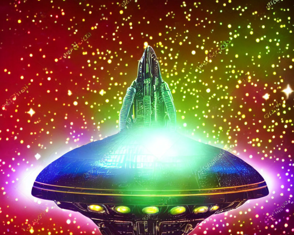 Colorful UFO Illustration Against Starry Cosmic Background