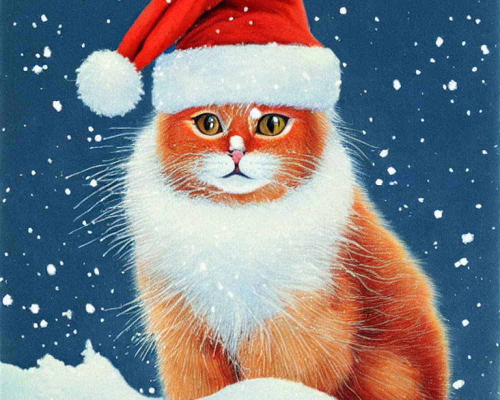 Fluffy Orange Cat with Santa Hat and Beard in Snowy Scene