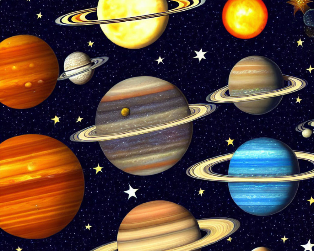 Colorful Planets with Rings and Moons in Starry Space Background