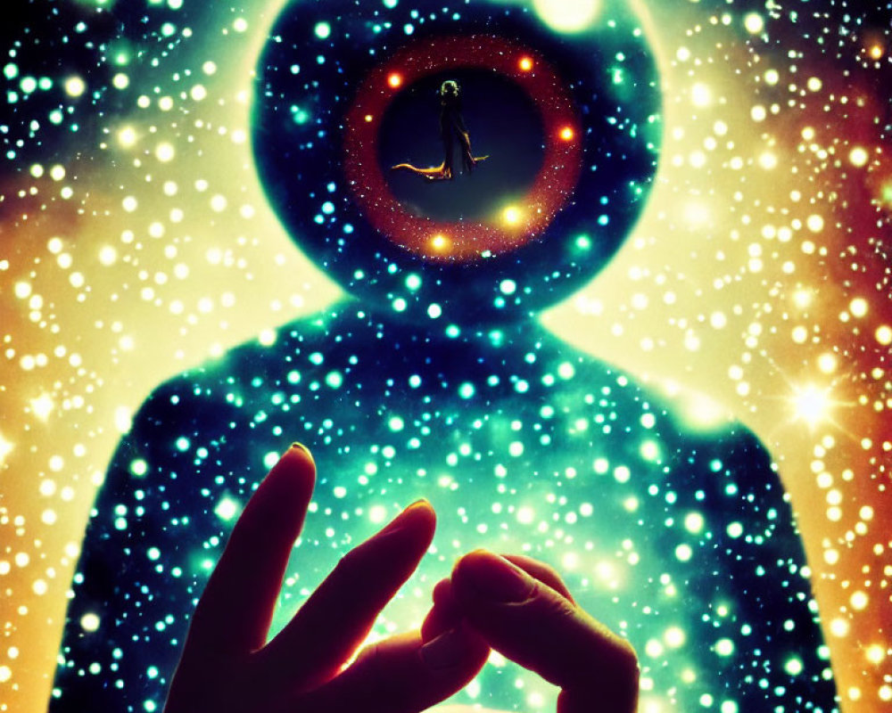 Silhouette of person with cosmic scene and glowing orb symbolizing unity