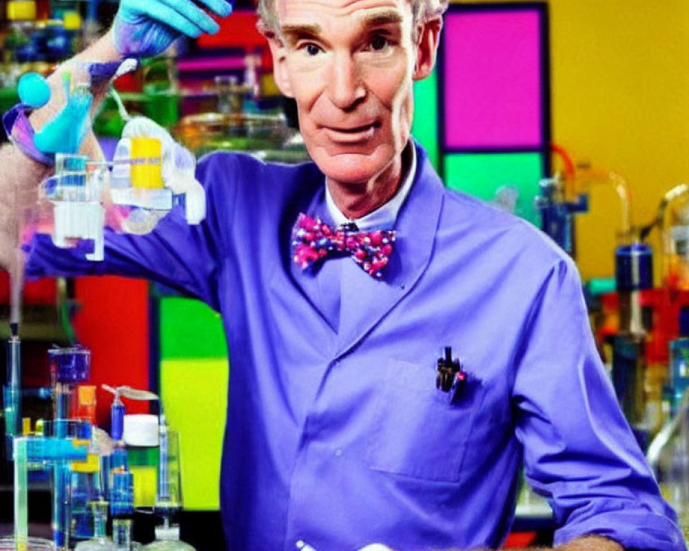 Scientist in lab coat and bowtie with test tube and colorful lab equipment