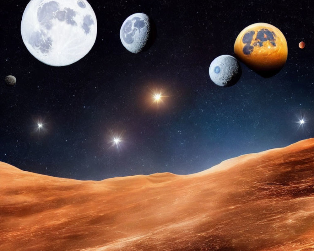 Celestial bodies and planets on starry sky above rocky terrain