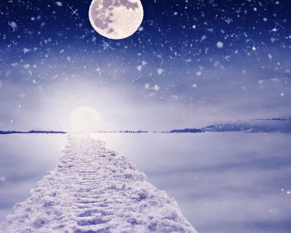 Snowy Night Landscape with Full Moon and Footprints Path