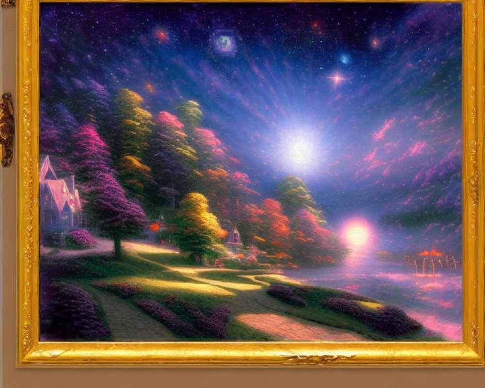 Fantasy landscape painting with starry sky, celestial bodies, house, garden path in golden frame