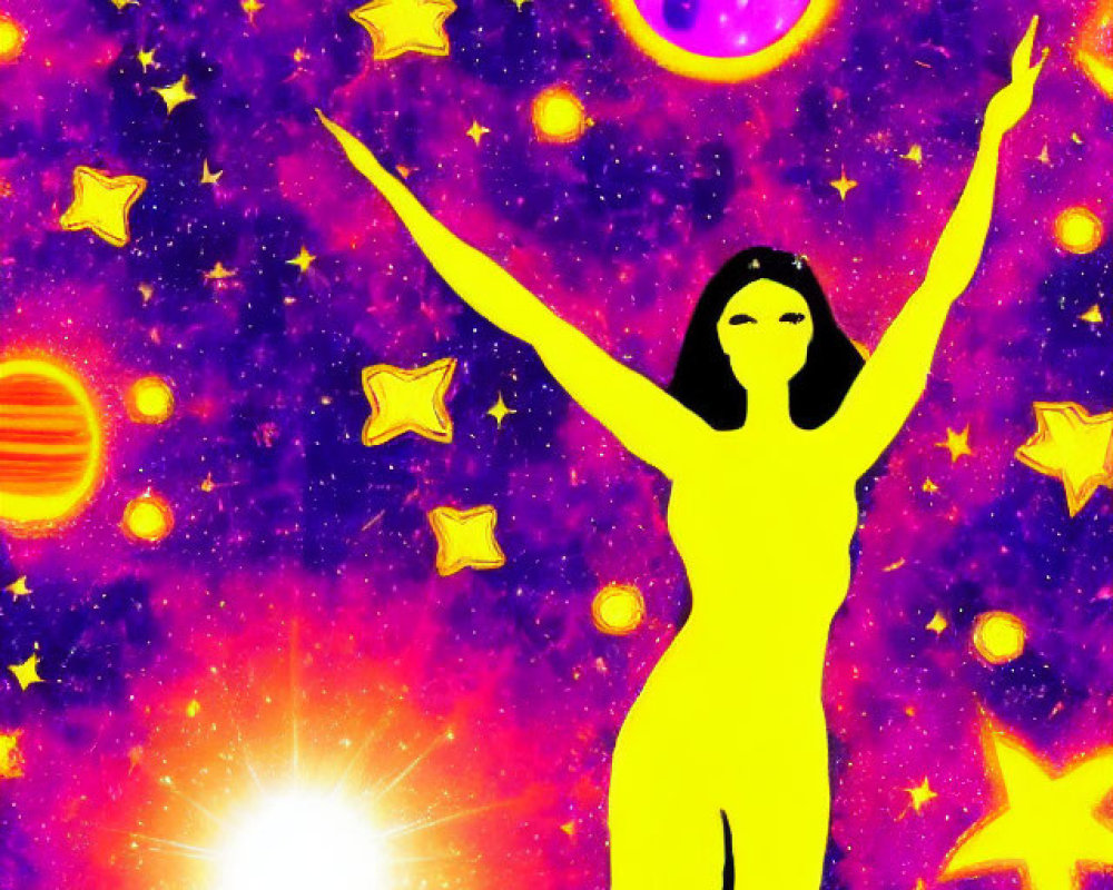 Silhouette of woman in long dress against cosmic backdrop with stars, planets, and sun