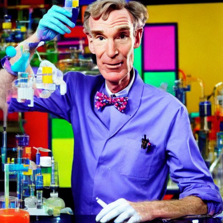 Scientist in lab coat and bowtie with test tube and colorful lab equipment