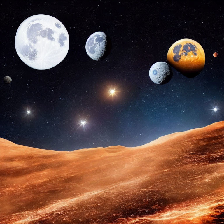 Celestial bodies and planets on starry sky above rocky terrain