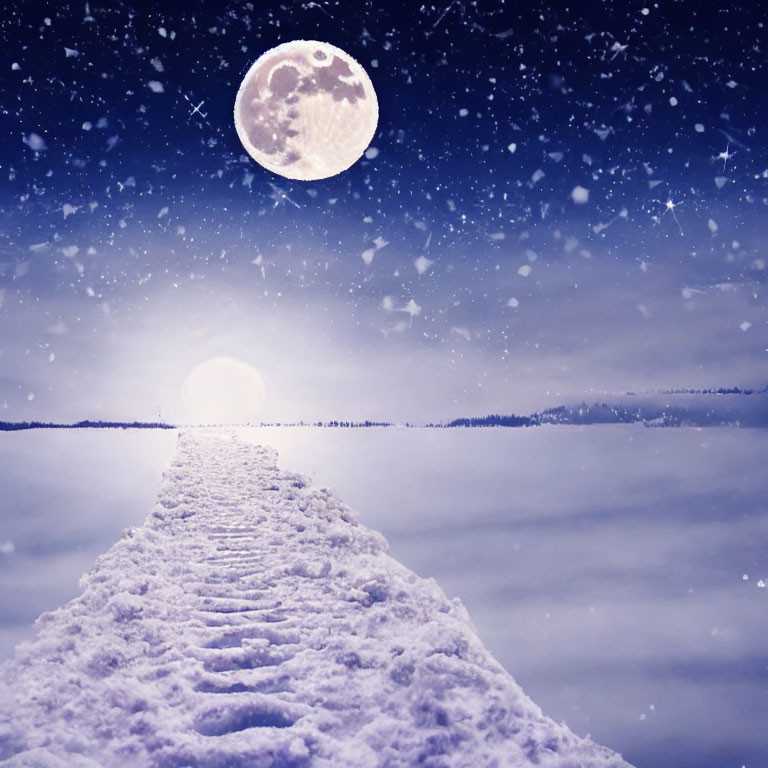 Snowy Night Landscape with Full Moon and Footprints Path