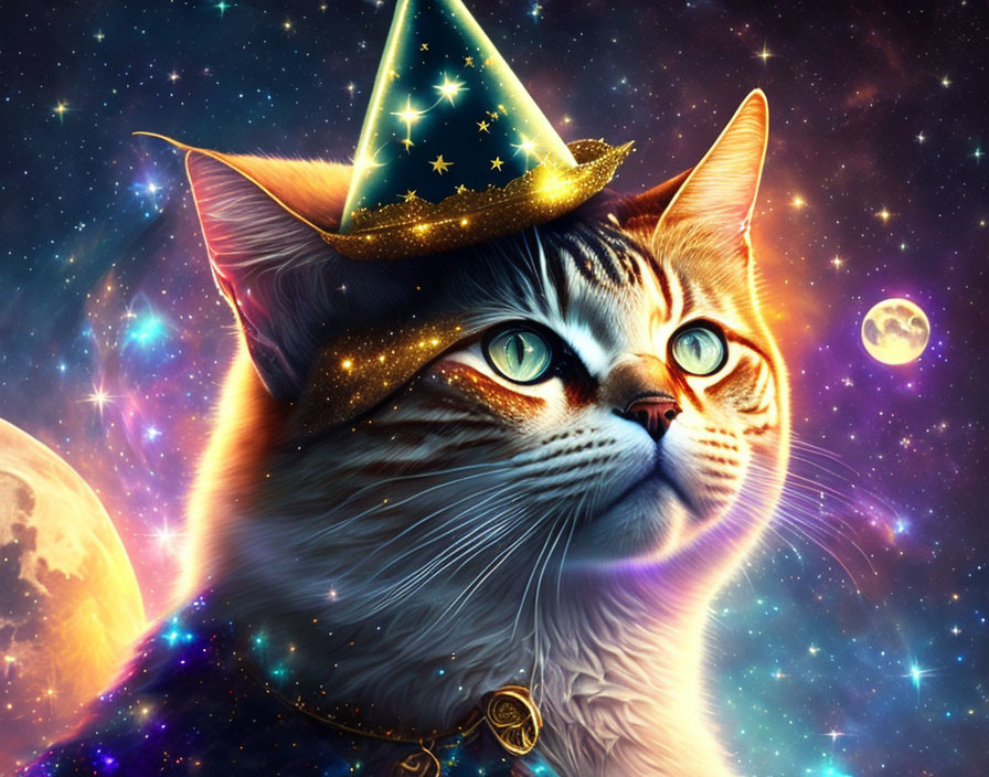 Majestic cat in cosmic wizard hat on vibrant galactic background