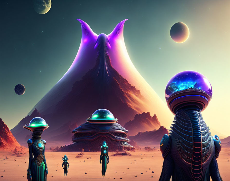 Futuristic purple mountain with alien beings, orbs, and red landscape