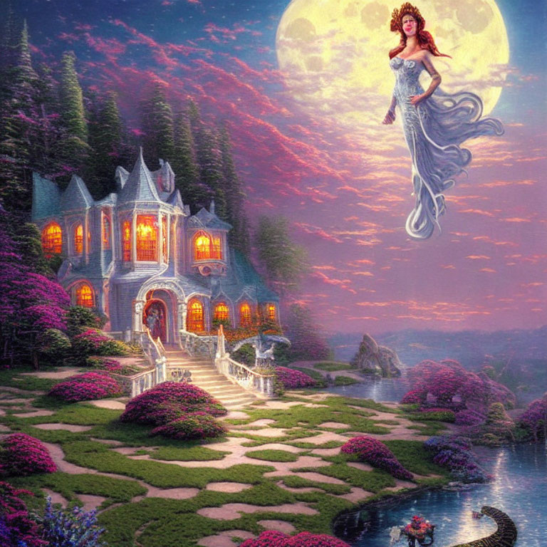 Woman levitating in enchanted garden under moonlit sky