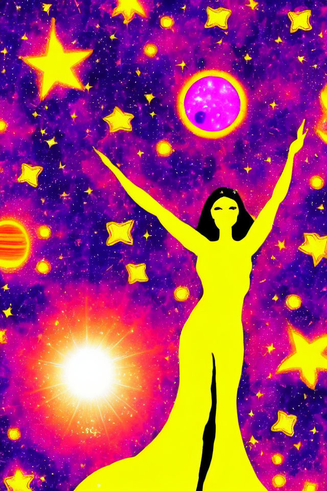 Silhouette of woman in long dress against cosmic backdrop with stars, planets, and sun