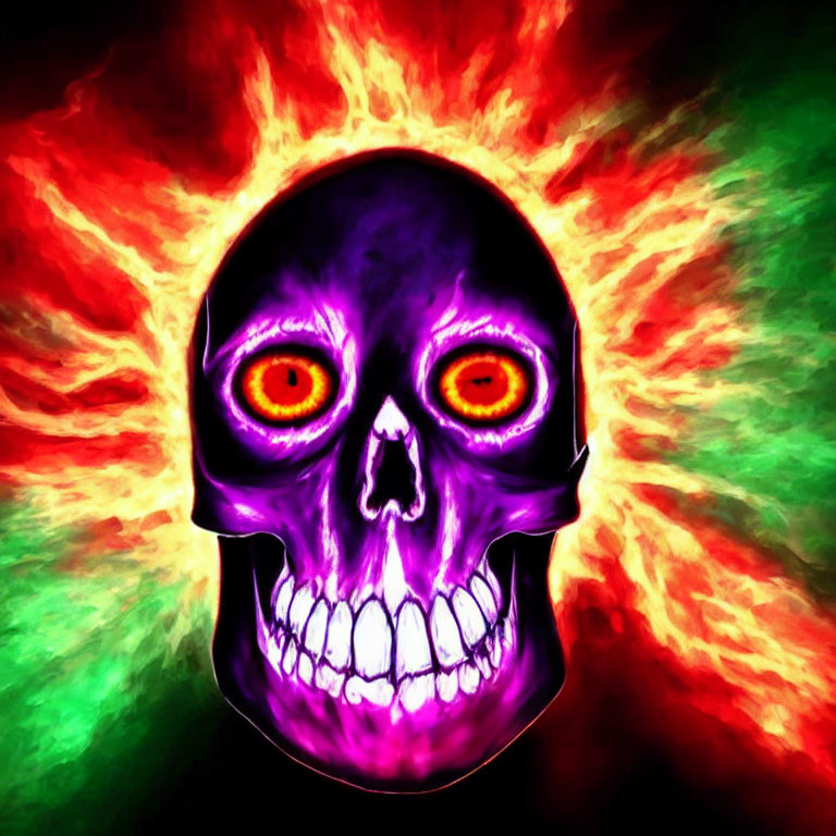 Vivid purple skull with glowing red eyes on fiery background