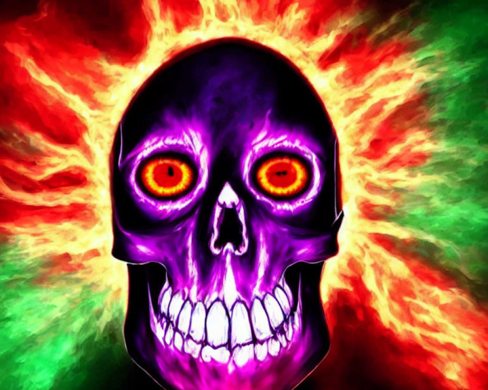 Vivid purple skull with glowing red eyes on fiery background