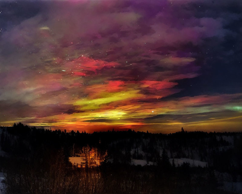 Colorful Aurora Borealis Over Snowy Forest Landscape