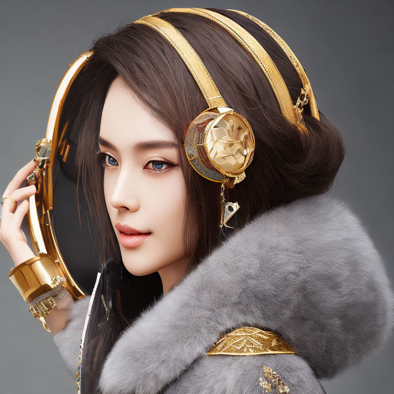 Dark-haired woman in gold headphones and fur-trimmed outfit with gold embroidery gazes sideways