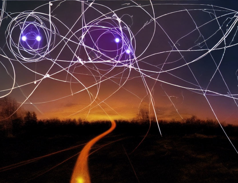 Abstract digital art: chaotic white lines, bright blue orbs, winding road, orange horizon at twilight