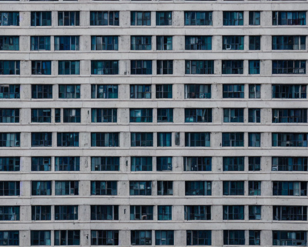 High-rise building facade with dense grid of windows in urban setting.