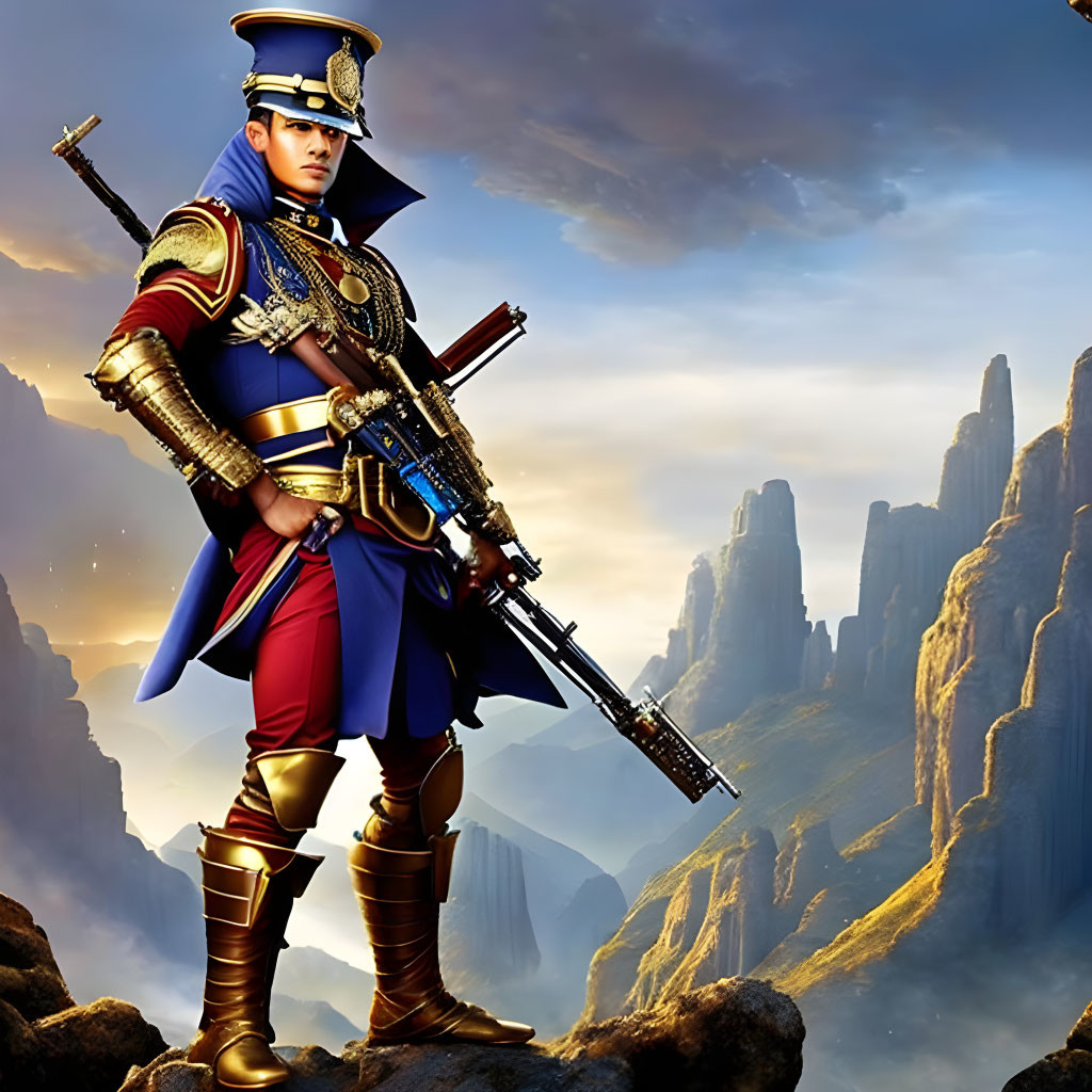 Military figure in blue and red uniform with ornate rifle in mountainous landscape