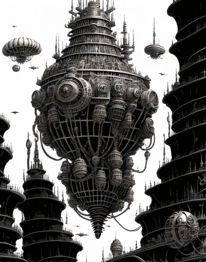 Detailed black-and-white fantasy cityscape illustration with airships and spires