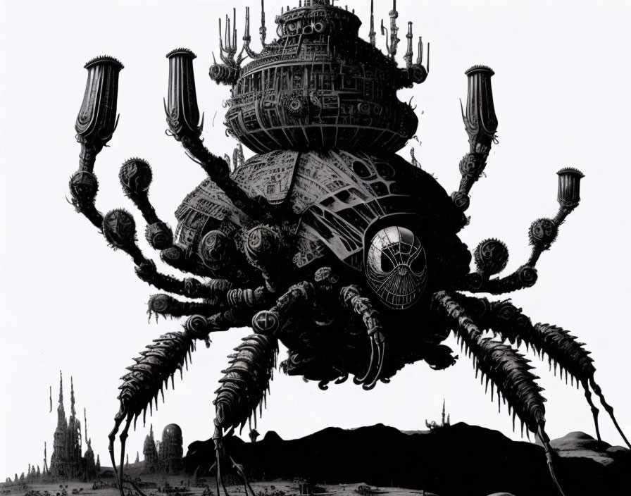 Detailed Monochromatic Mechanical Spider with Architectural Elements