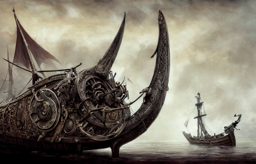 Ancient ship with towering figurehead in misty seas near smaller vessel