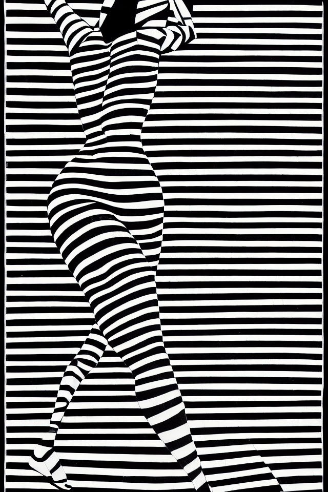 Monochrome optical illusion of woman in striped attire blending with background