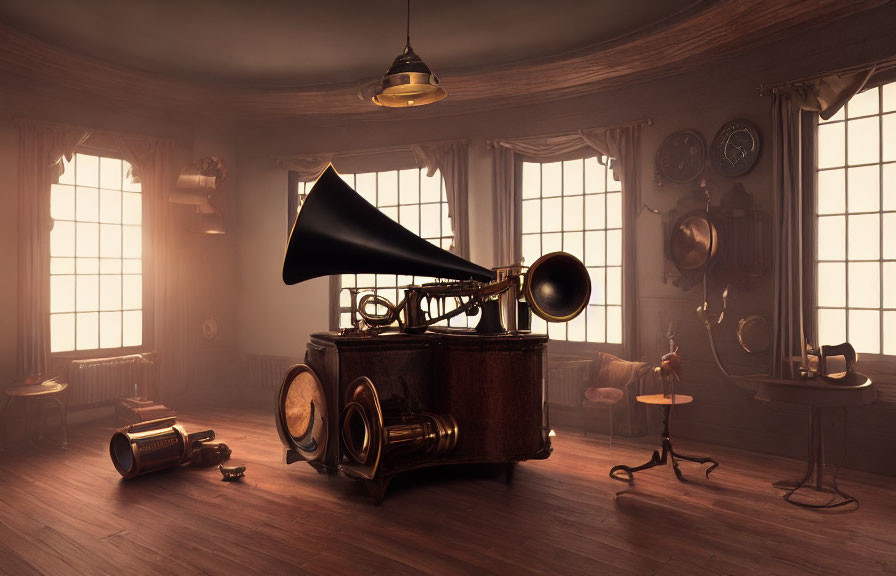 Vintage-styled room with gramophone, antique furniture, clocks, and warm lighting