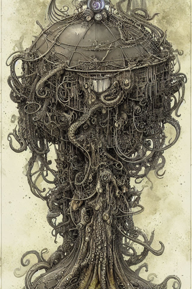 Detailed Steampunk Illustration of Octopus-Like Mechanical Structure