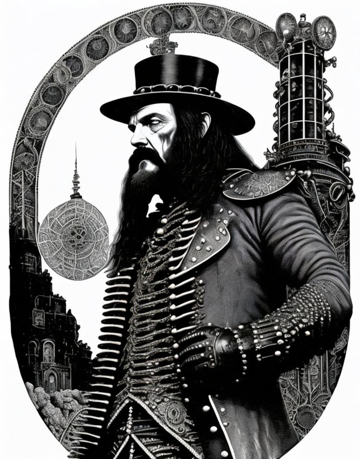 Detailed monochrome illustration of a bearded man in Victorian attire with steampunk elements.