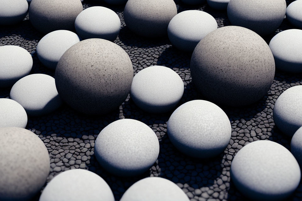 Textured white spheres on cracked dark surface: size variation contrast