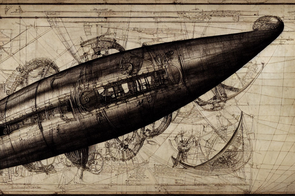 Detailed Vintage Engineering Drawing of Futuristic Submarine