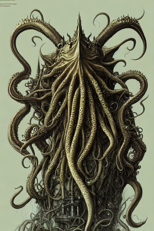 Detailed Illustration of Tentacled Creature on Dark Structure