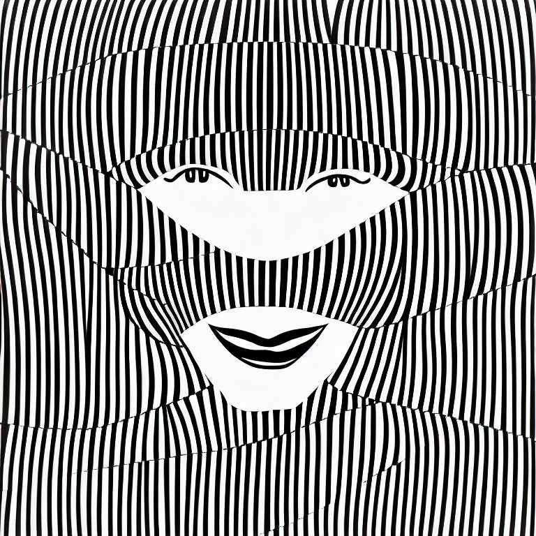 Monochrome Abstract Woman's Face with Bold Contours and Striped Patterns