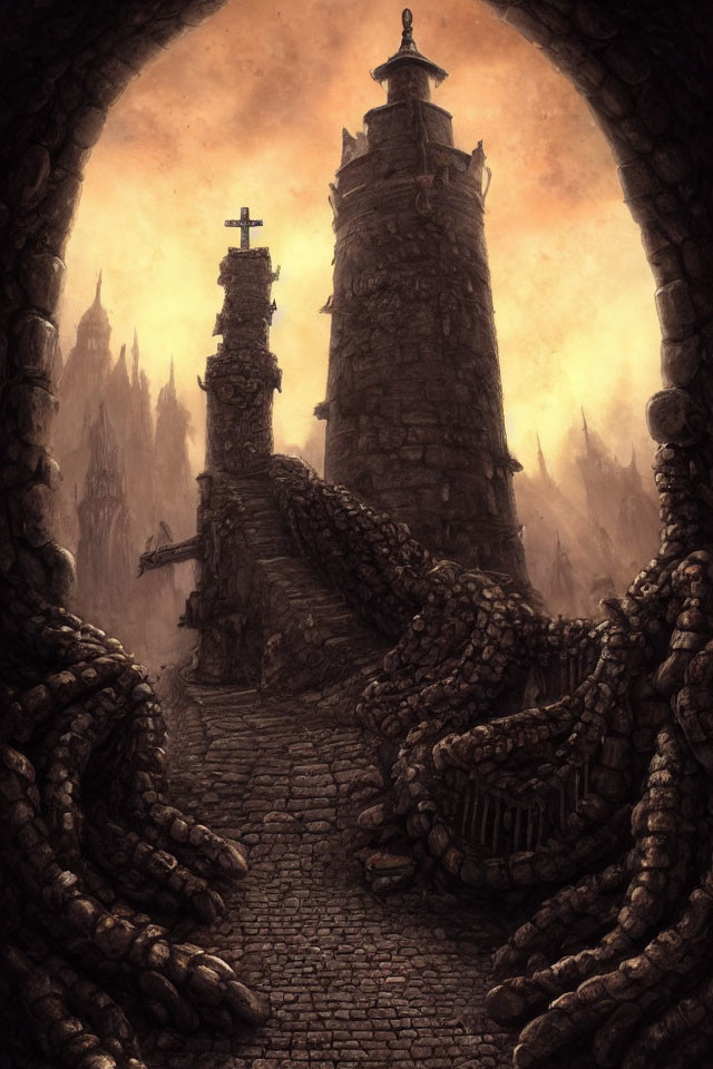 Stone tower with spiral staircase, tentacle-like structures, dusky sky, and archway view.