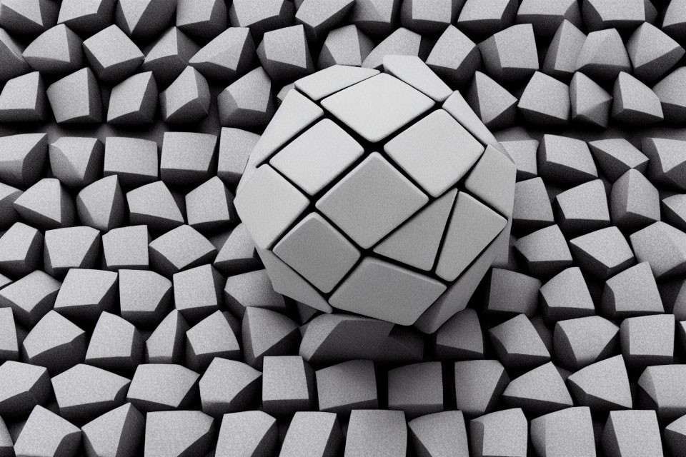 Monochrome dodecahedron surrounded by grey geometric shapes