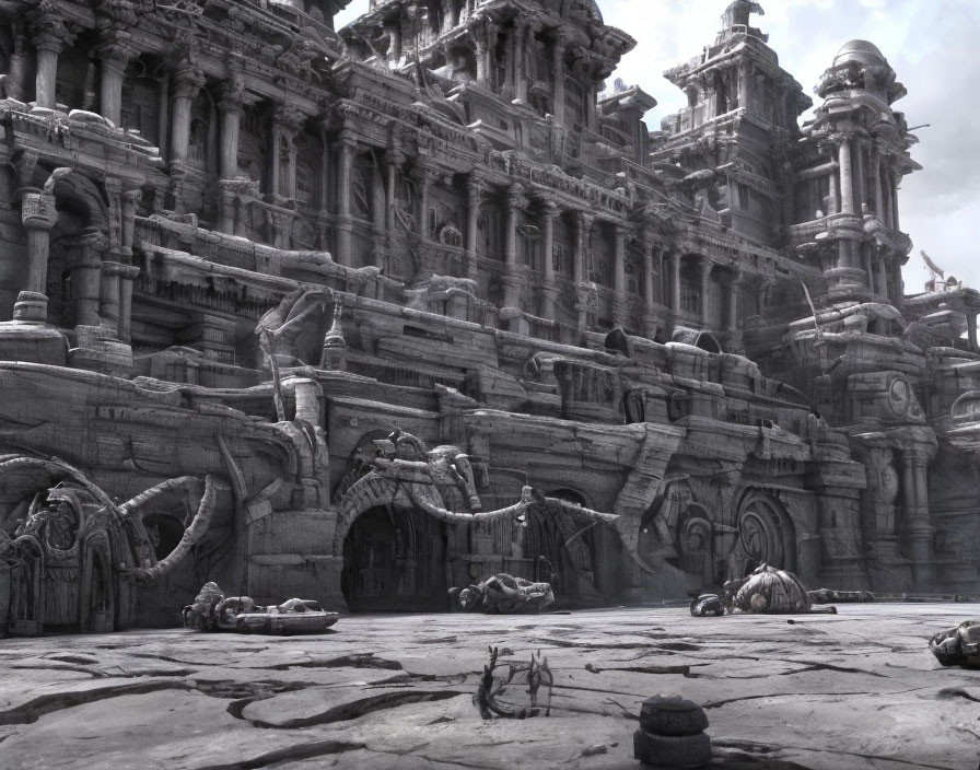 Monochrome image of ancient dilapidated temple with intricate carvings