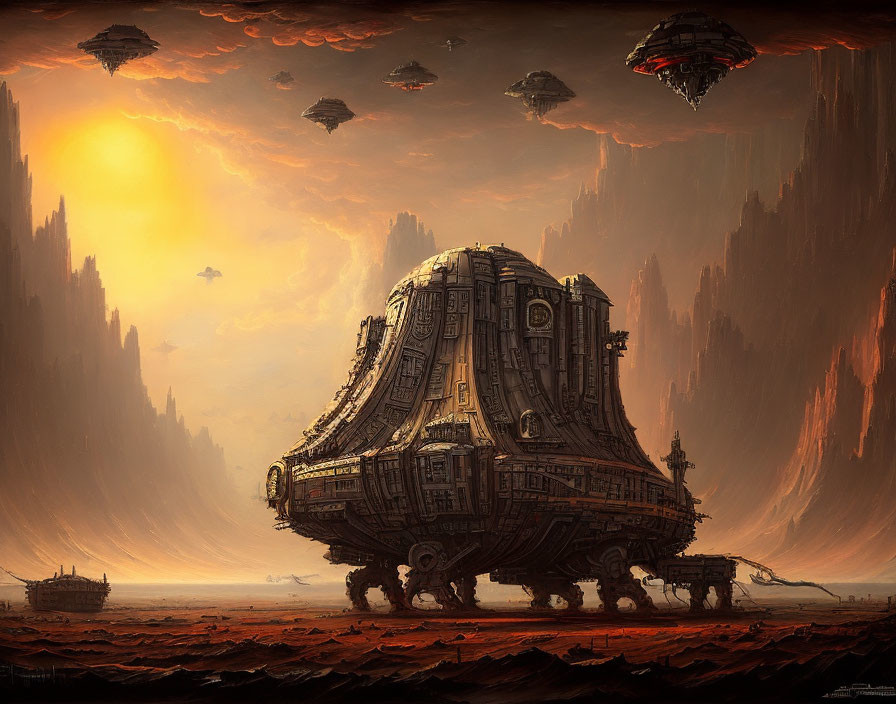 Gigantic futuristic vehicle in barren, red landscape with flying saucers